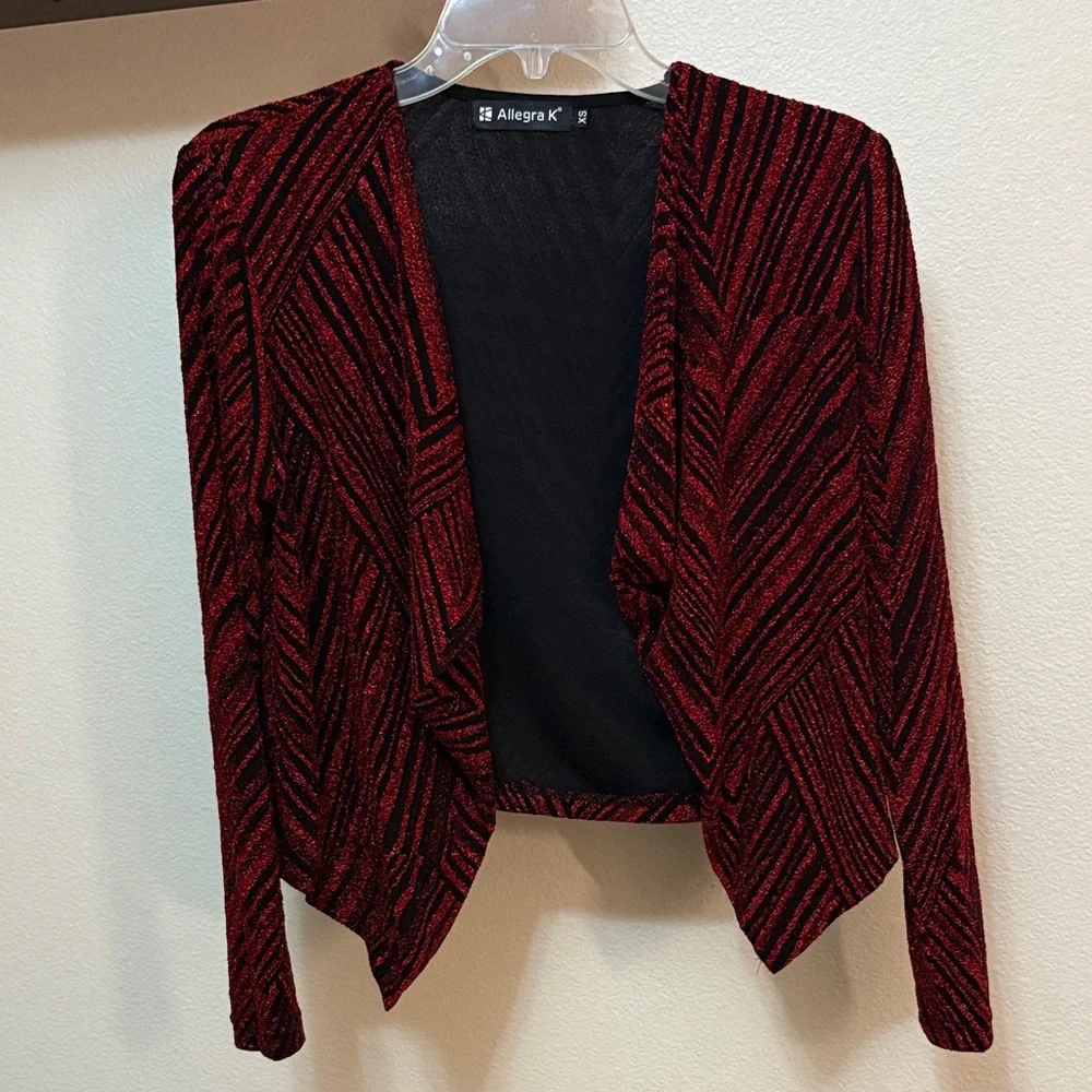 Allegra K Red & Black Sparkly Stripe Holiday Open Waterfall Cardigan NWOT - Picture 6 of 15